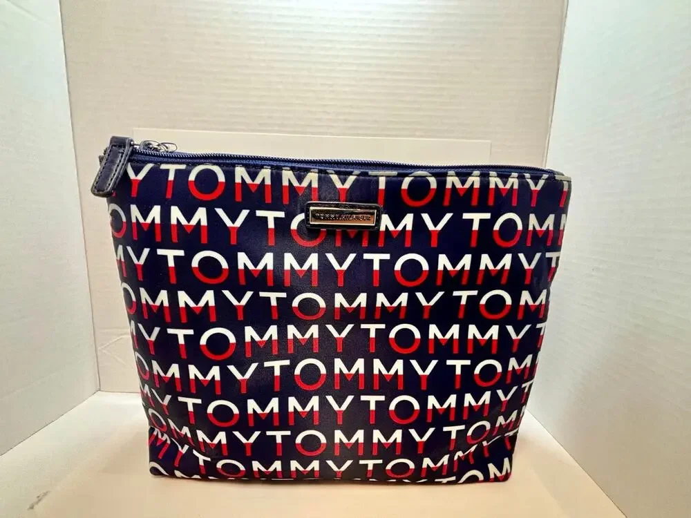 Tommy Hilfiger Cosmetic Bag Monogram Logo Navy Red Makeup Toiletry Mini Purse